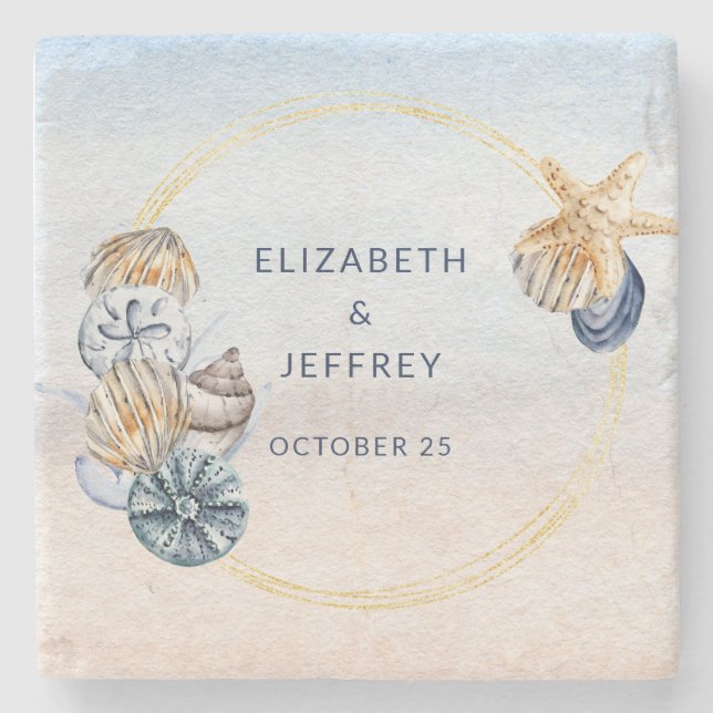 Rustic Seashells Ocean Sea Summer Beach Wedding Stone Coaster (Front)