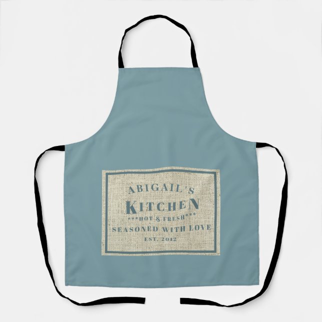 Rustic Seasoned with Love Custom Name Teal  Apron (Front)