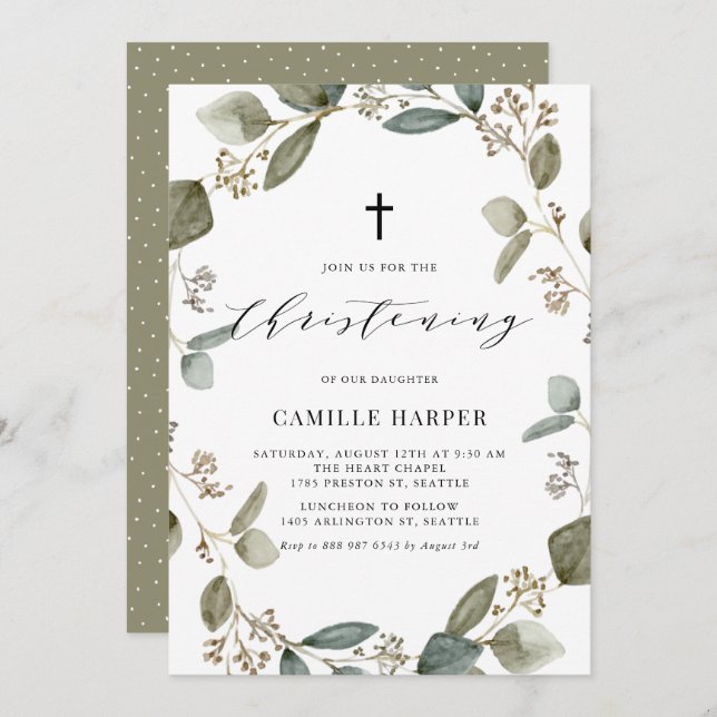 Rustic Seeded Eucalyptus Wreath Christening Invitation (Front/Back)