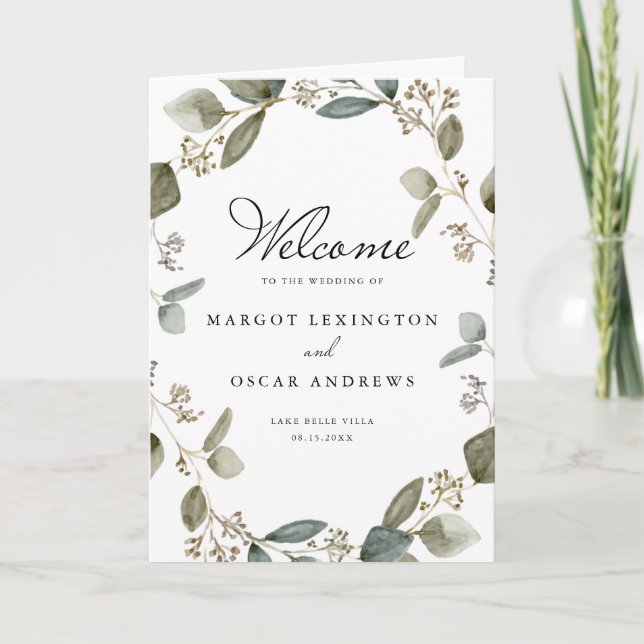 Rustic Seeded Eucalyptus Wreath Wedding Booklet Program (Front)