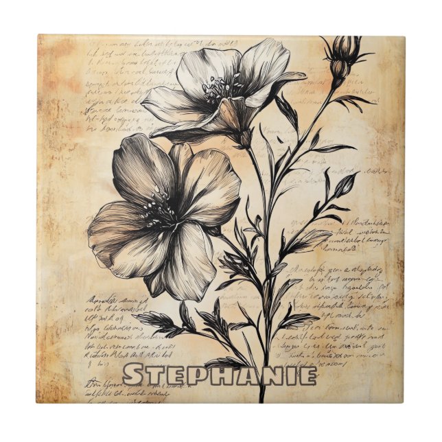 Rustic Sepia Botanical French Country Flowers Ceramic Tile (Front)