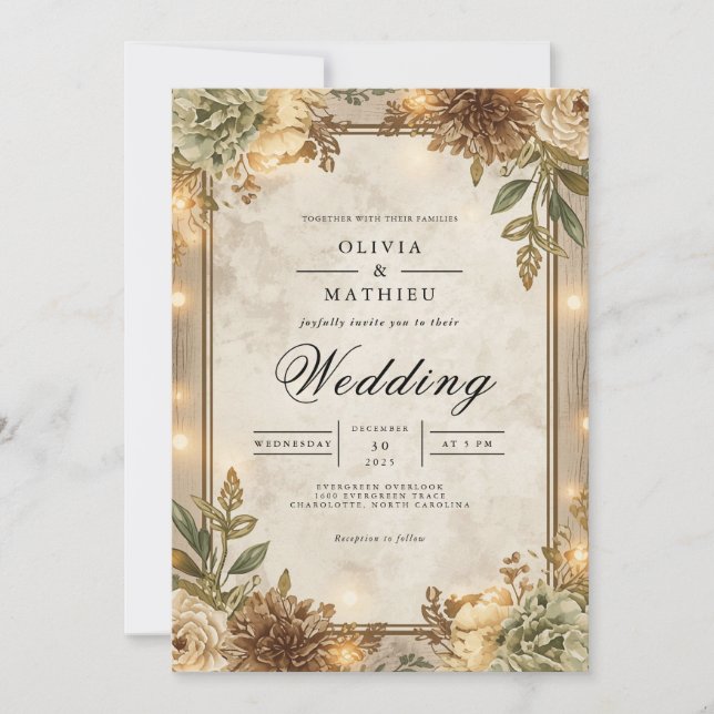 Rustic Sepia Floral Frame Wedding Invitation (Front)