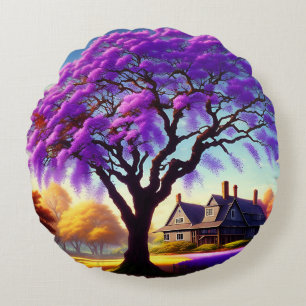 **"Rustic Serenity: The Purple Jacaranda's Embrace Round Cushion
