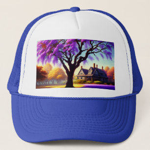 **"Rustic Serenity: The Purple Jacaranda's Embrace Trucker Hat