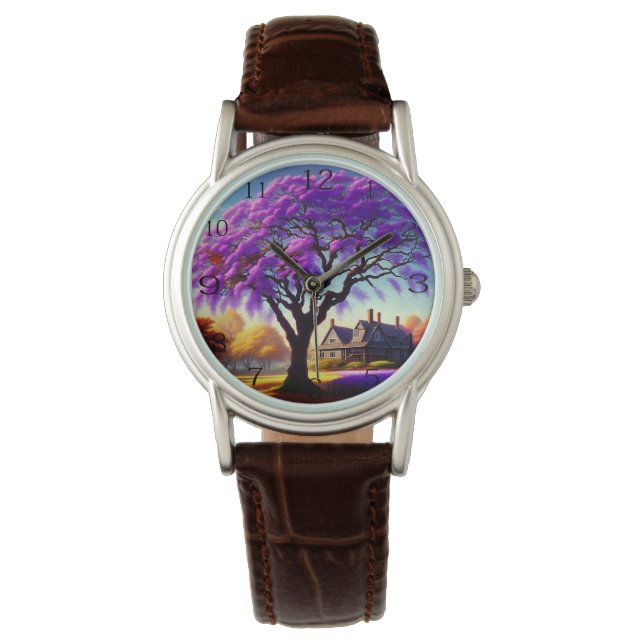 **"Rustic Serenity: The Purple Jacaranda's Embrace Watch (Front)