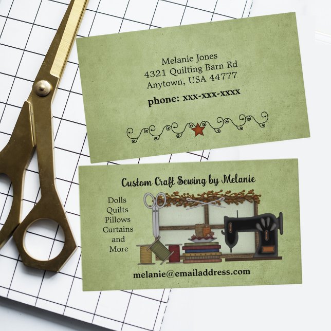Rustic Sewing Arts on Green Business Card (Creator Uploaded)