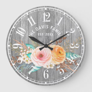 Rustic Shabby Flowers Custom Family Large Clock