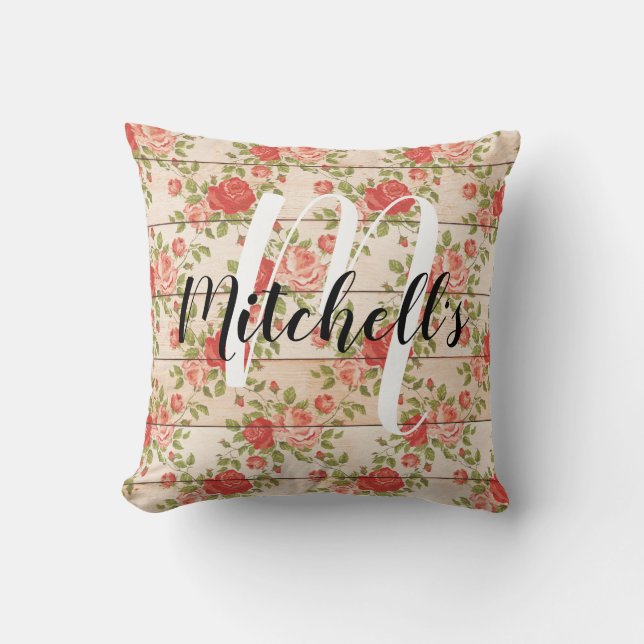 Rustic Shabby Rose Monogram Cushion (Front)
