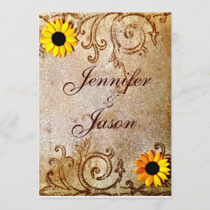 Rustic Shabby Sunflowers Chic Brown Wedding Invitation