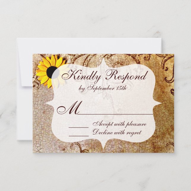 Rustic Shabby Sunflowers Swirls Wedding RSVP Cards (Front)