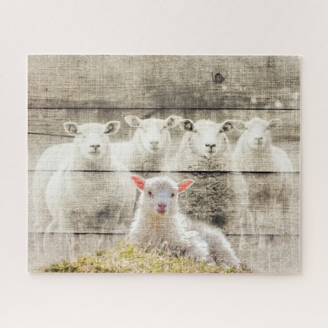 Rustic Sheep Baby Lamb Burlap Jigsaw Puzzle (Horizontal)