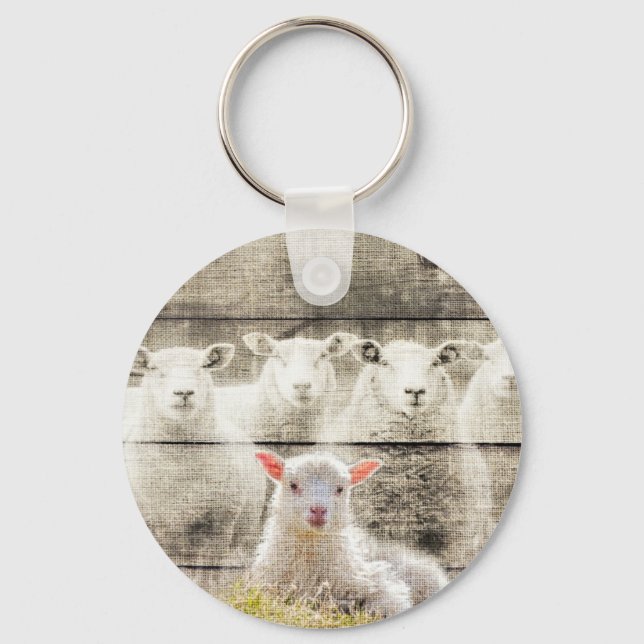 Rustic Sheep Baby Lamb Burlap Key Ring (Front)