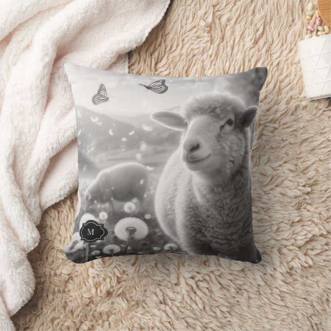 Rustic sheep family monogram country black white cushion (Blanket)