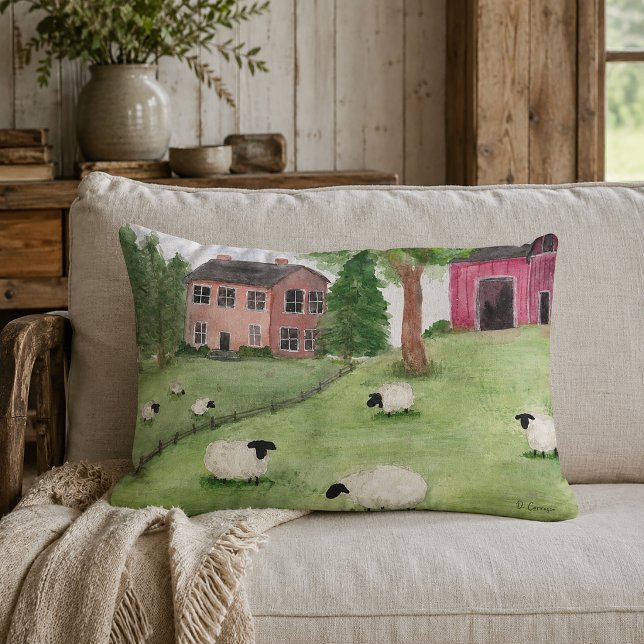 Rustic Sheep in Pasture Lumbar Cushion (Rustic Farmhouse Throw Pillow)