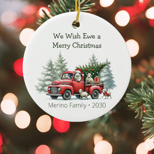 Rustic Sheep Red Truck Themed Ceramic Ornament