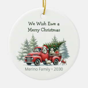 Rustic Sheep Red Truck Themed Photo Ceramic Ornament