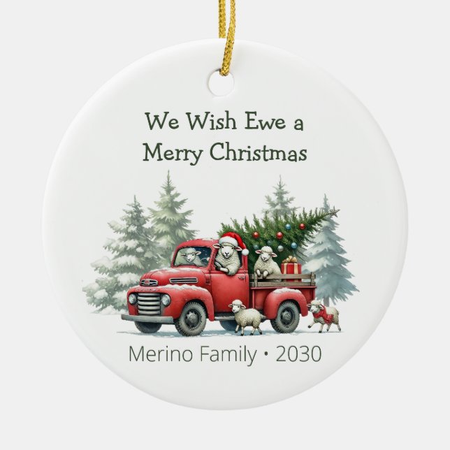 Rustic Sheep Red Truck Themed Photo Ceramic Ornament (Front)