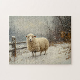 Rustic Sheep Scenic Winter Landscape Jigsaw Puzzle