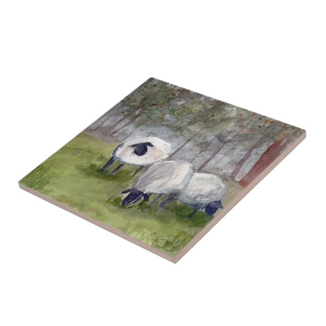 Rustic Sheep Watercolor Ceramic Tile (Side)