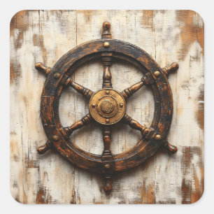 Rustic Ship Wheel Helm Nautical Square Sticker