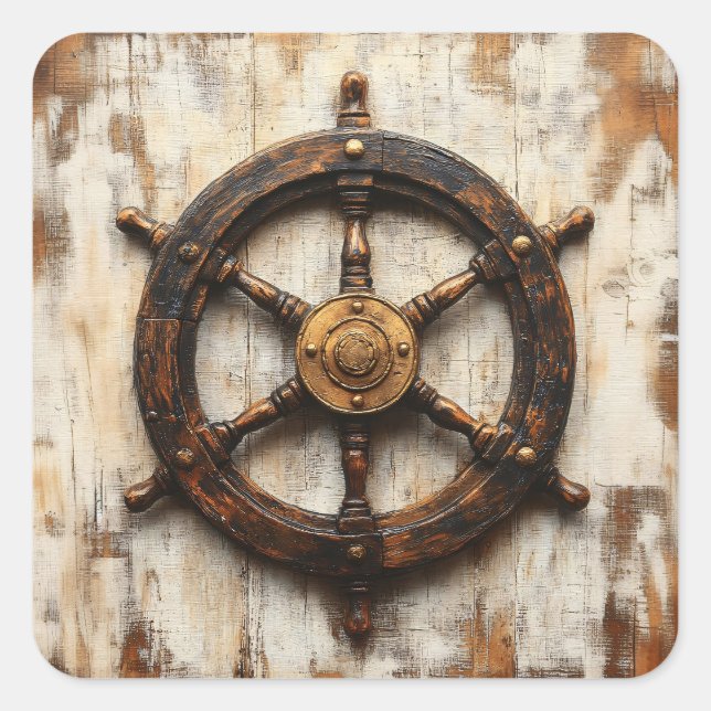 Rustic Ship Wheel Helm Nautical Square Sticker (Front)