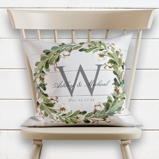 Rustic Shiplap Wreath Monogram Wedding Keepsake Cushion (Creator Uploaded)