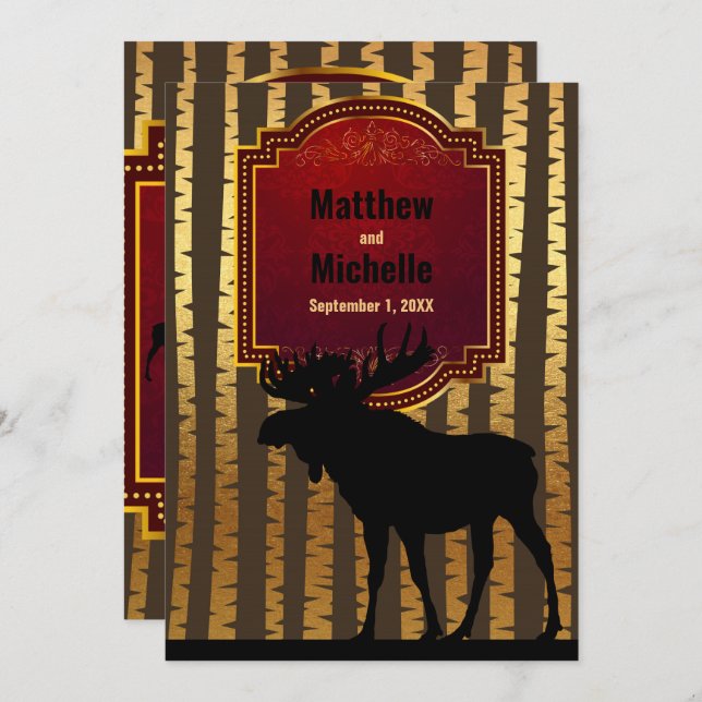 Rustic Silhouette Moose, Gold Aspen Trees Wedding Invitation (Front/Back)