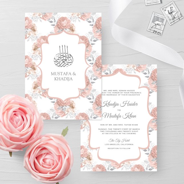 Rustic Silver and Blush Pink Roses Muslim Wedding Invitation (Creator Uploaded)