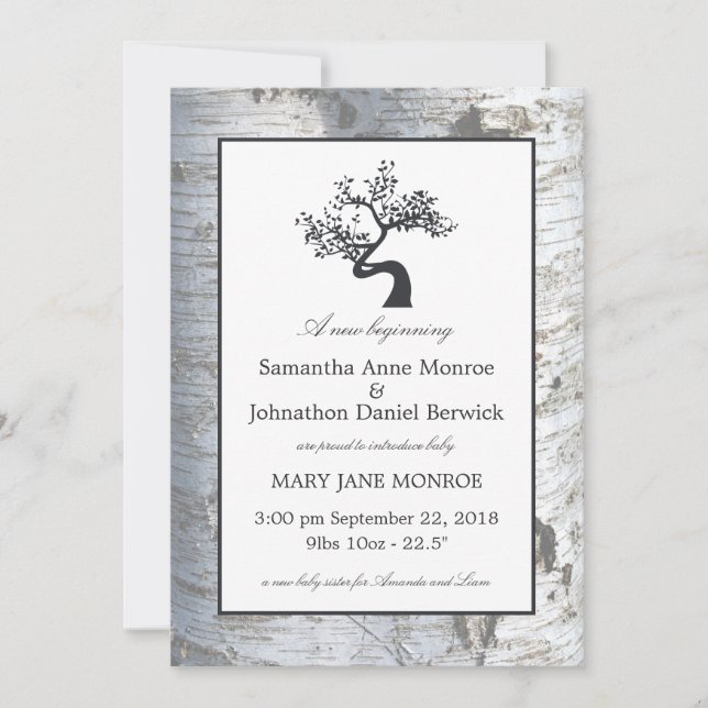 Rustic Silver Birch Tree Baby Announcement (Front)