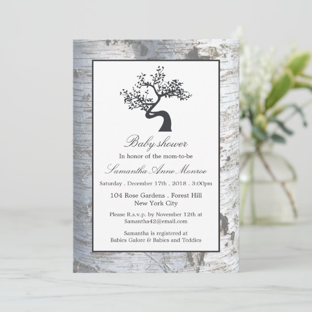 Rustic Silver Birch Tree Baby Shower Invitation (Standing Front)