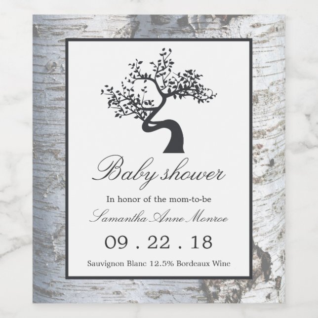 Rustic Silver Birch Tree Baby Shower Wine Label (Single Label)