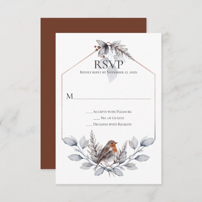 Rustic Silver Grey Rust Botanicals Bird RSVP (Front/Back)