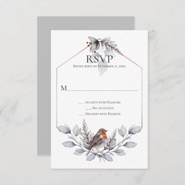 Rustic Silver Grey Rust Botanicals Bird RSVP (Front/Back)