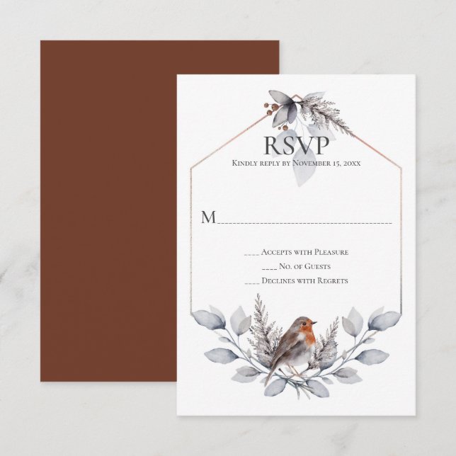 Rustic Silver Grey Rust Botanicals Bird RSVP Card (Front/Back)