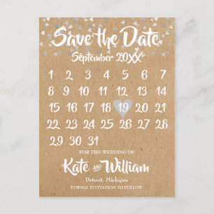 Rustic Silver Love Heart Calendar Save the Date Announcement Postcard