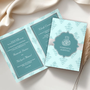 Rustic Silver Pastel Teal Damask Muslim Wedding Invitation