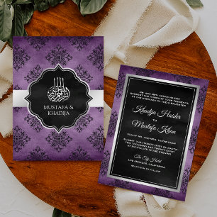 Rustic Silver Purple Black Damask Muslim Wedding Invitation