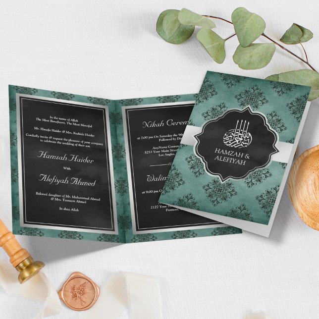 Rustic Silver Teal Black Damask Muslim Wedding Invitation (Creator Uploaded)
