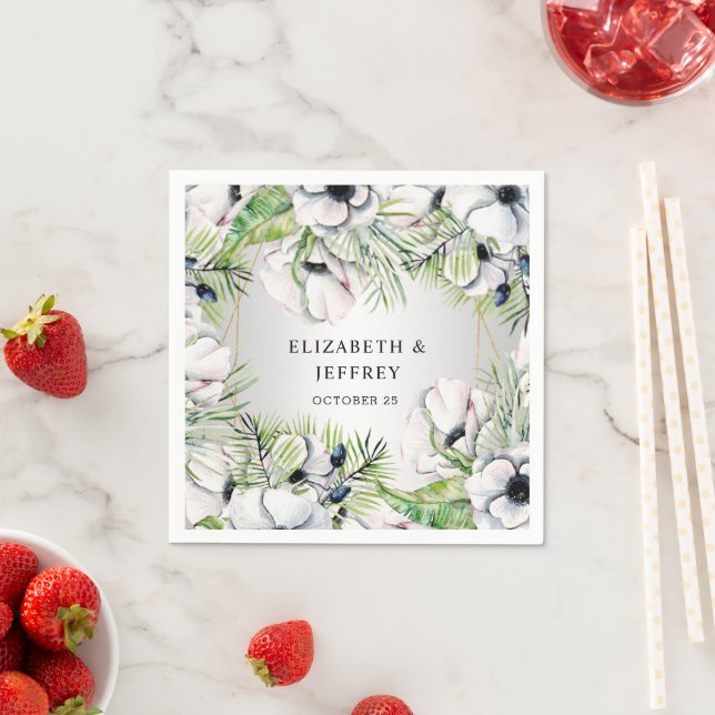 Rustic Silver White Anemone Gold Geometric Wedding Napkin (Insitu)