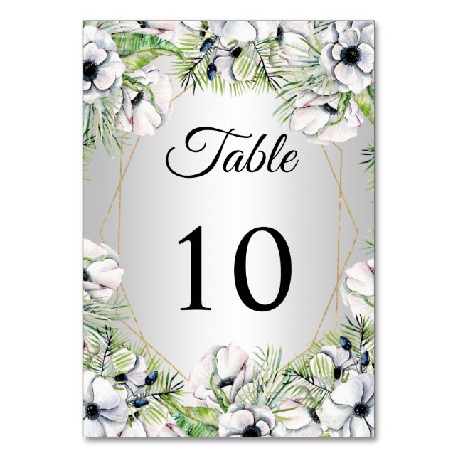 Rustic Silver White Anemone Gold Geometric Wedding Table Number (Front)
