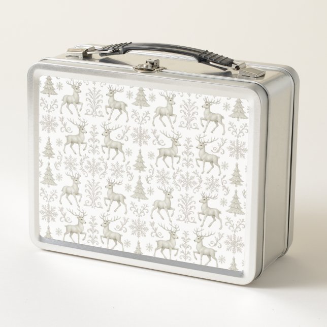 Rustic, Silver/White modern Christmas pattern Metal Lunch Box (Front)