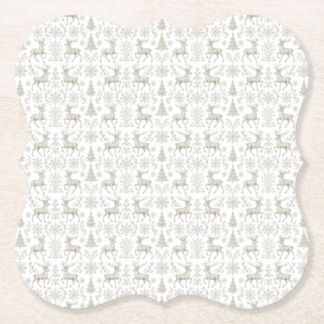 Rustic, Silver/White modern Christmas pattern Paper Coaster (Front)