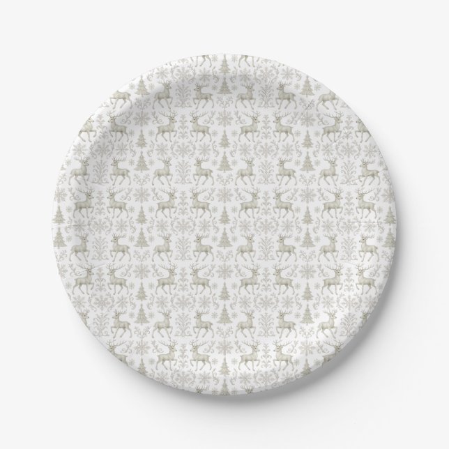 Rustic, Silver/White modern Christmas pattern Paper Plate (Front)