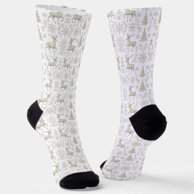 Rustic, Silver/White modern Christmas pattern Socks (Angled)