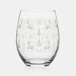Rustic, Silver/White modern Christmas pattern Stemless Wine Glass