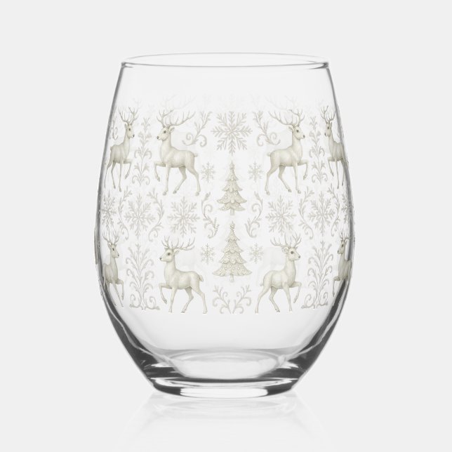 Rustic, Silver/White modern Christmas pattern Stemless Wine Glass (Front)