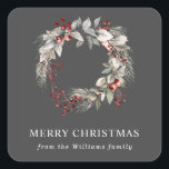 rustic silver winter floral wreath  square sticker<br><div class="desc">c</div>