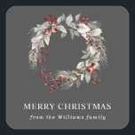 rustic silver winter floral wreath  square sticker<br><div class="desc">c</div>