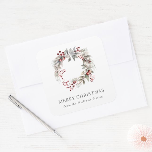 Rustic Silver Winter Floral Wreath  Square Sticker (Envelope)