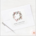Rustic Silver Winter Floral Wreath  Square Sticker<br><div class="desc">Rustic holiday themed sticker with a wreath and winterberry illustration paired with a simple grey font on the bottom featuring a fully customisable family name. Check out our store for more holiday themed stickers.</div>